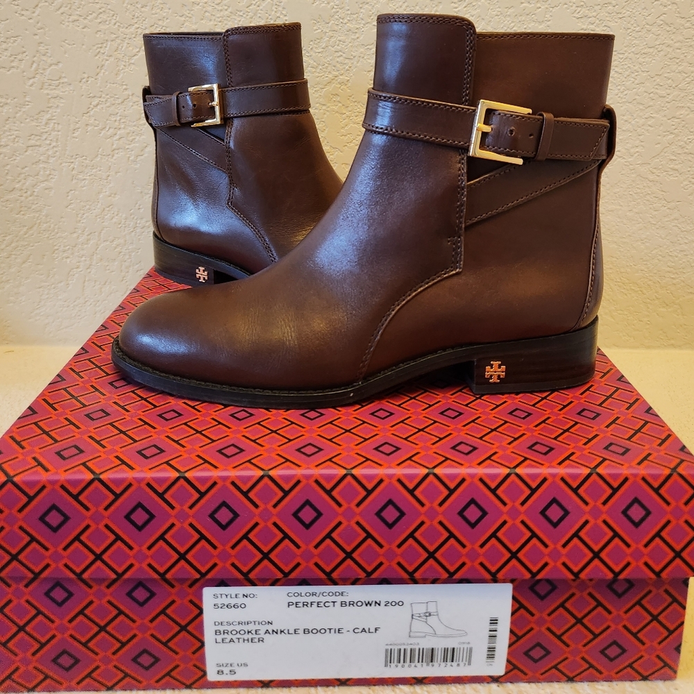 Tory Burch Brooke Ankle Bootie Calf 8.5 Brown with Box and Dustbag